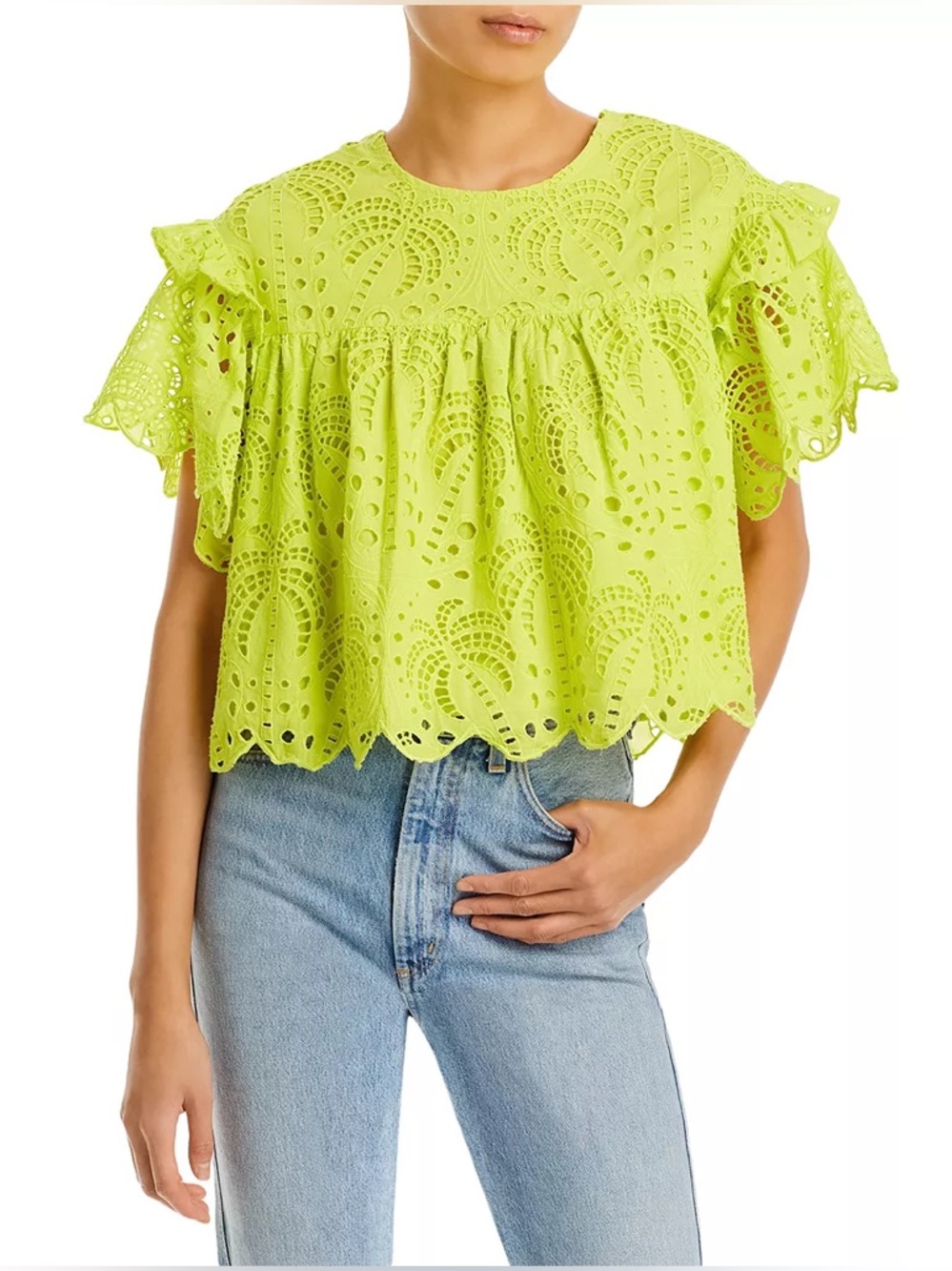 Farm Rio Palm Tree Richelieu Cotton Eyelet Blouse in Neon Green Size M